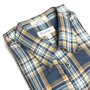 John W. Nordstrom Button Down Shirt Cotton Plaid Blue Tan Ivory Vintage XL